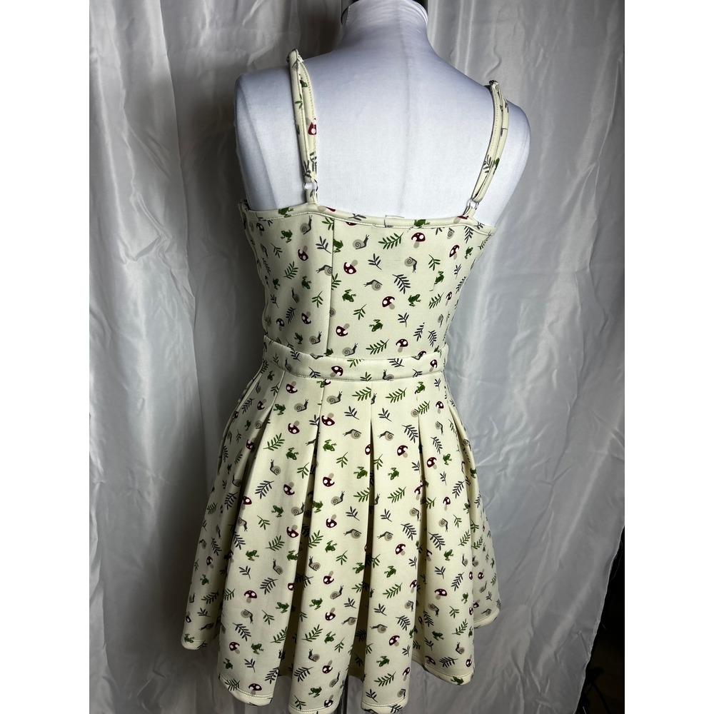 Hot Topic Frog Snail Mushroom Print Lace Up Mini Dress Ivory Green MD - Picture 4 of 5